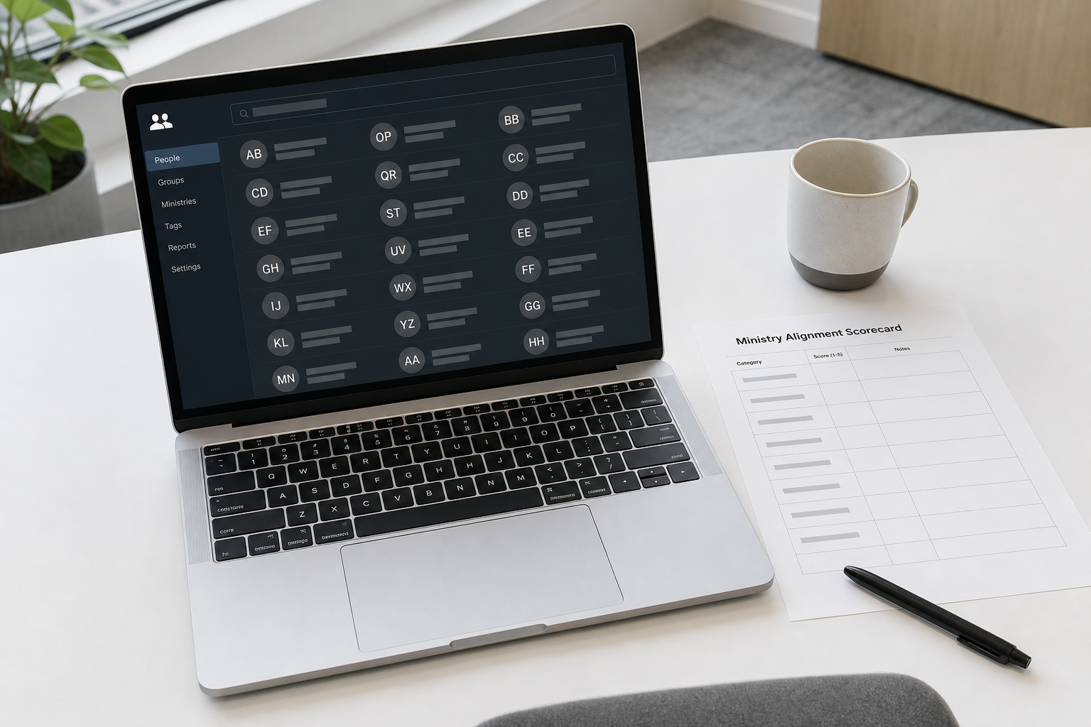 Laptop showing anonymized list of people