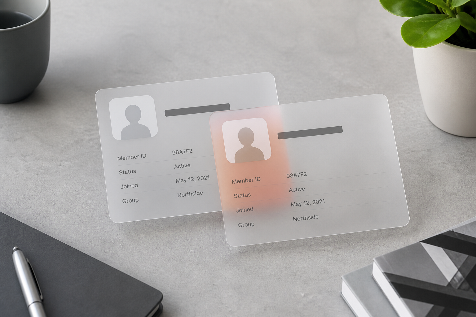 Two frosted record cards overlapping